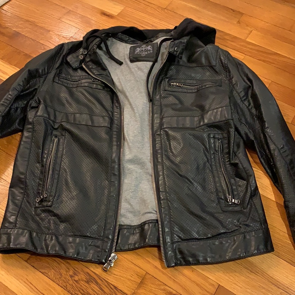 Express for Men Outerwear Leather hoodie Jacket with detachable hood